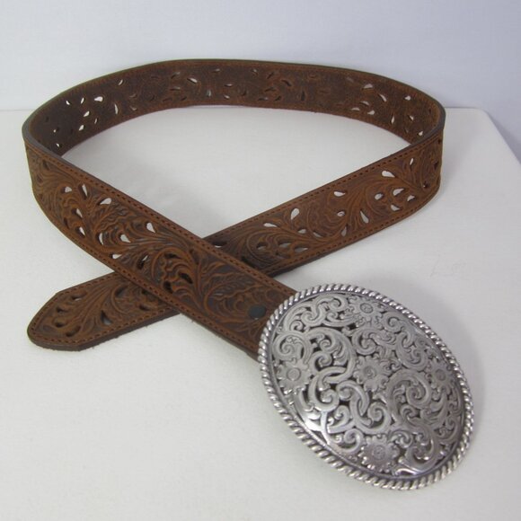 New Tony Lama Women 32 Brown Pierced Leather Filigree Belt Silvertone Buckle - Picture 4 of 12